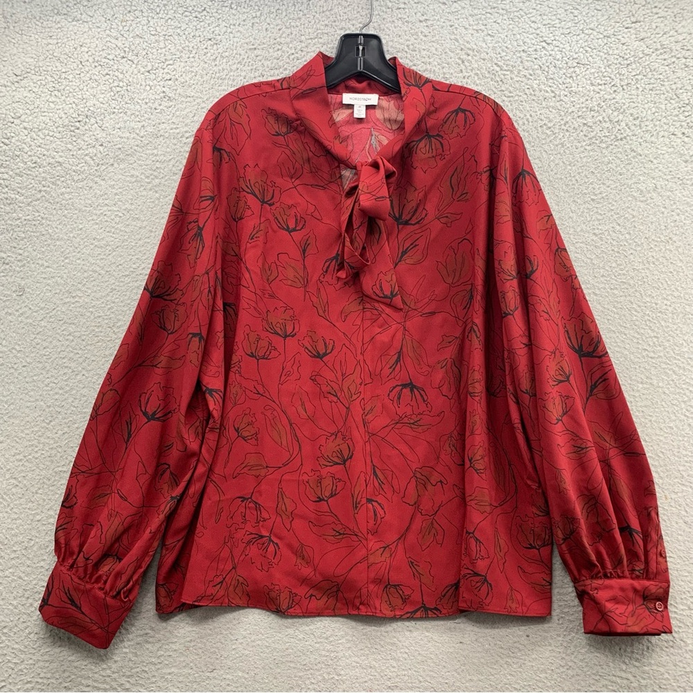 NEW Nordstrom Black Red Floral Neck Tie Bow Detail Size V-Neck Top Blouse 2X